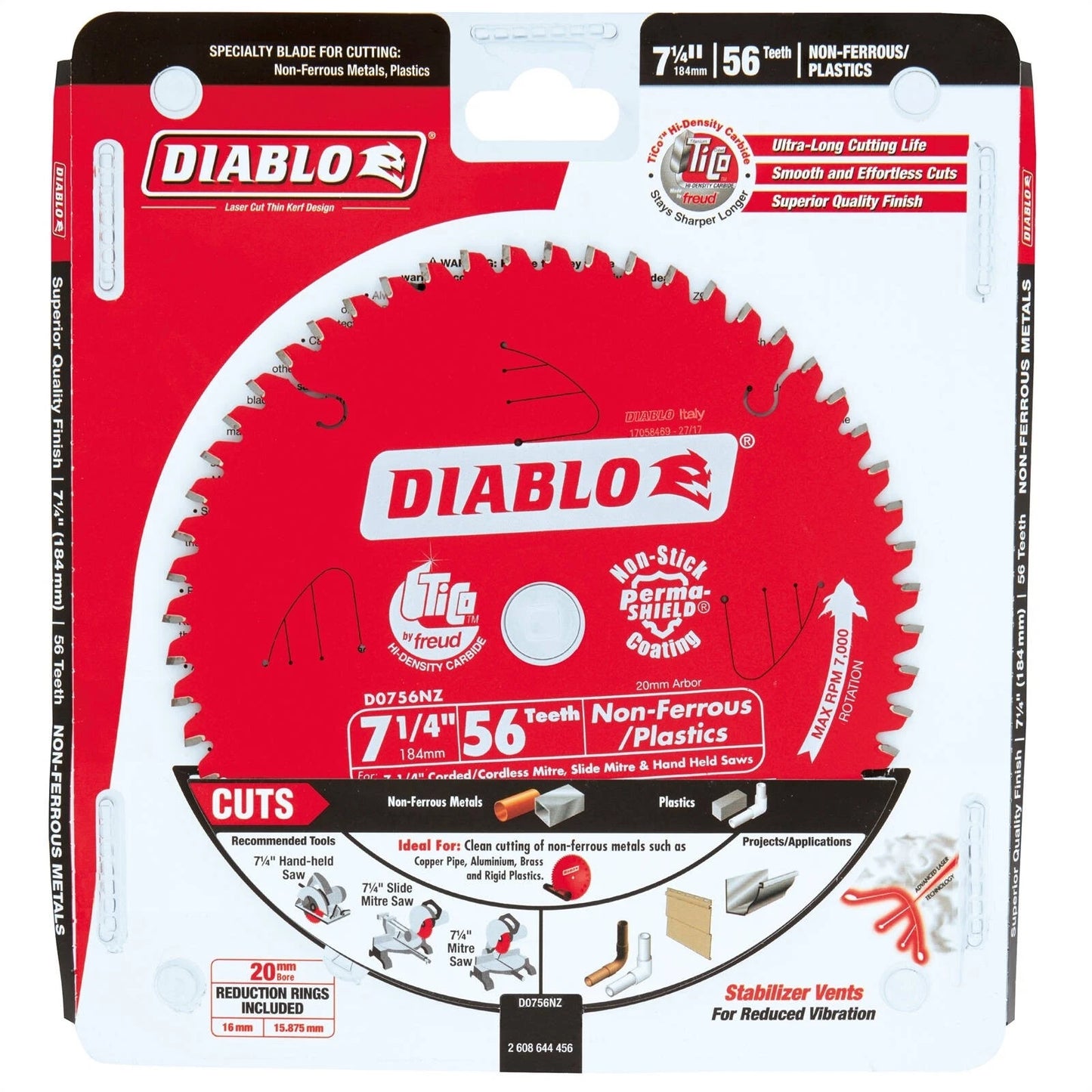 Diablo 184mm 56 Teeth Non-Ferrous Plastic Saw Blade, TiCo Carbide, Perma-Shield Coating
