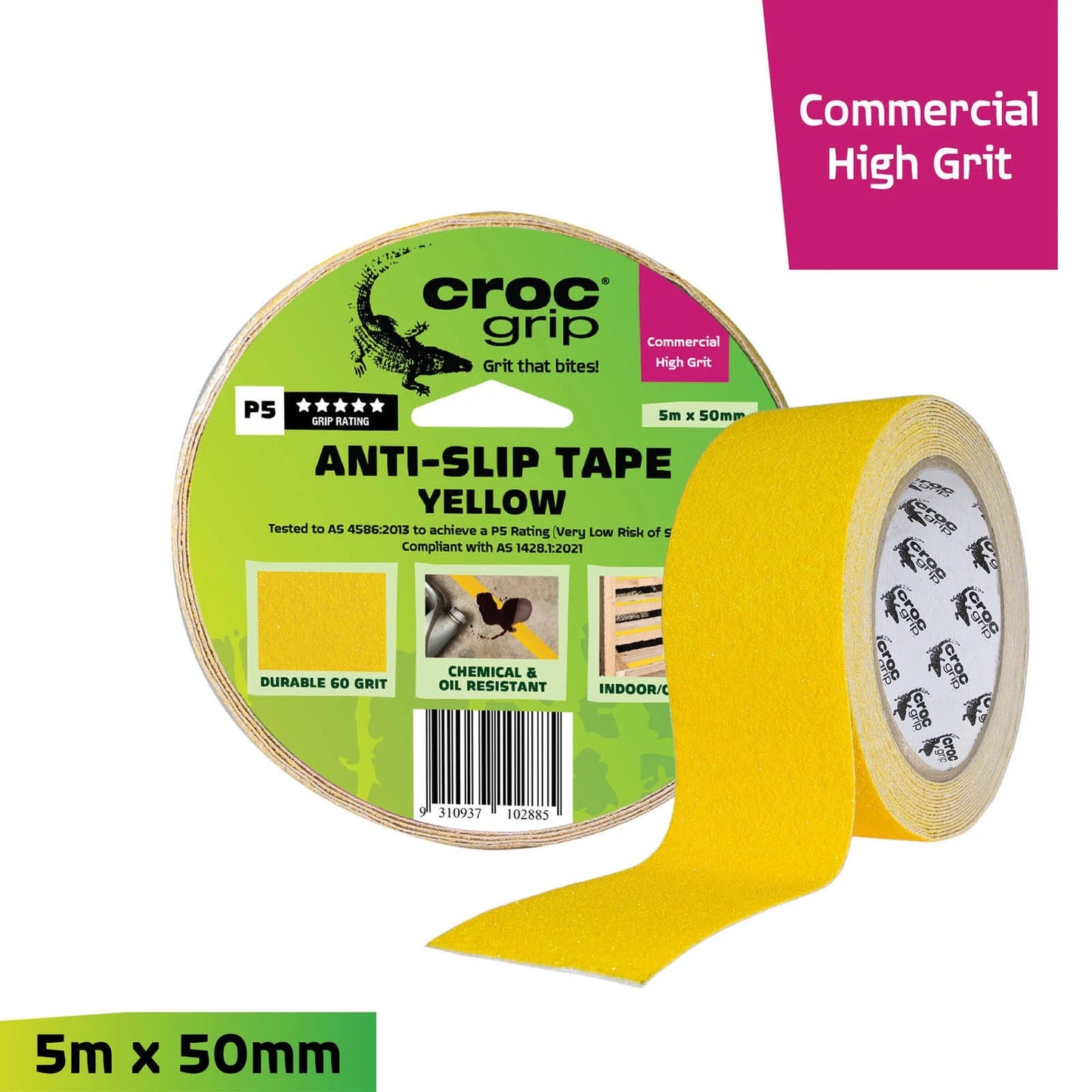 Croc Grip Yellow Anti-Slip Tape 5m x 50mm, P5 Slip Rating, Indoor/Outdoor, Chemical & Water Resistant