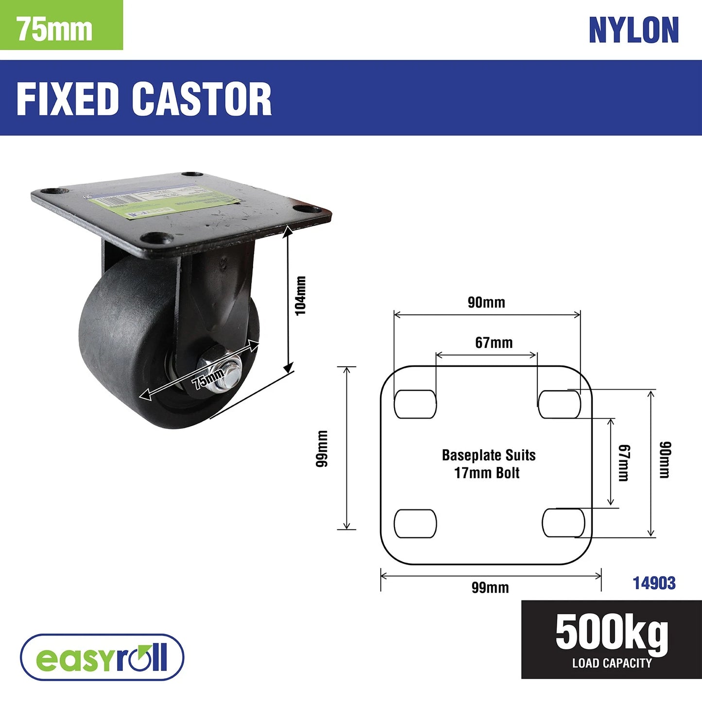 Easyroll 75mm 500kg Black Fixed Machine Castor, Heavy Duty Nylon Wheels