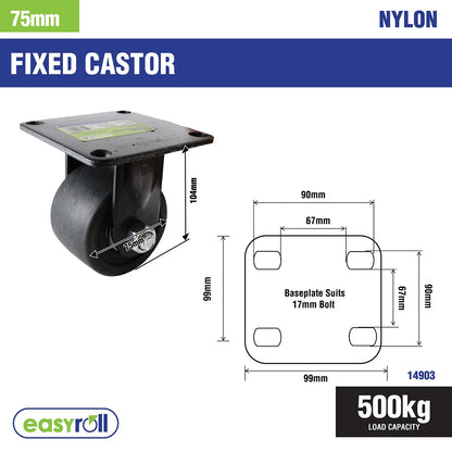 Easyroll 75mm 500kg Black Fixed Machine Castor, Heavy Duty Nylon Wheels