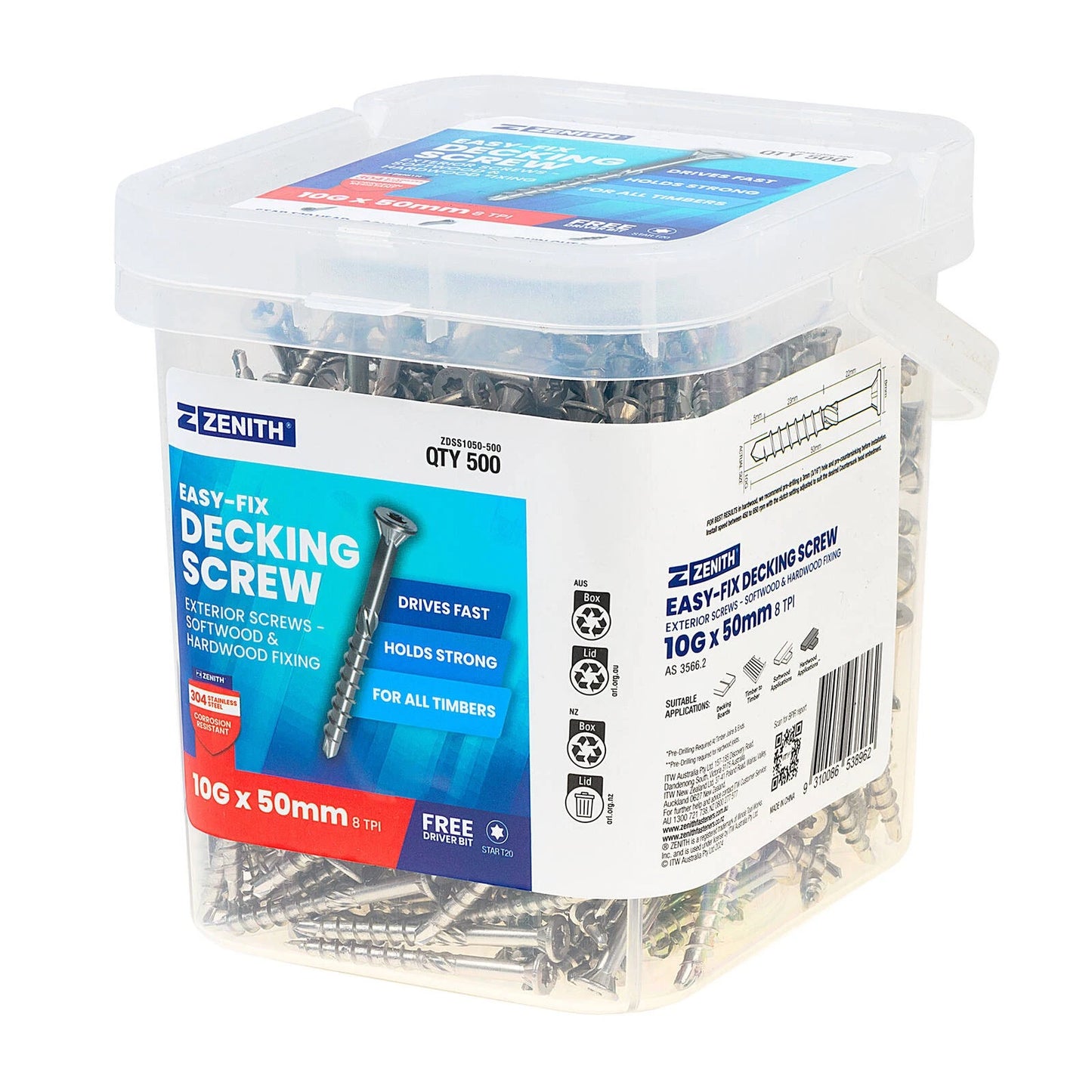 Zenith Easy-Fix Decking Screws T20 10G x 50mm SS304 Stainless Steel 500 Pcs