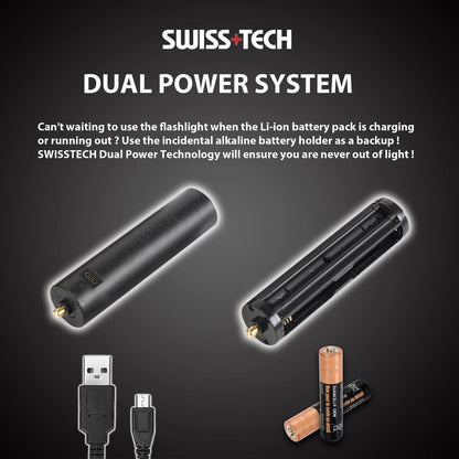 SWISS+TECH 1000lm Dual Power Rechargeable Flashlight, 350m Beam, USB-C, IPX4, Aluminium