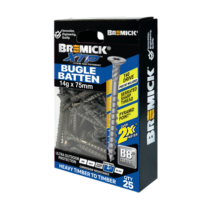 Bremick XTP Bugle Batten Screws 14g x 75mm T40 B8, Fast Install, Corrosion Resistant, 25 Pack
