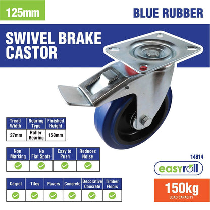 Easyroll 125mm Blue Rubber Swivel Brake Castor 150kg Load Capacity