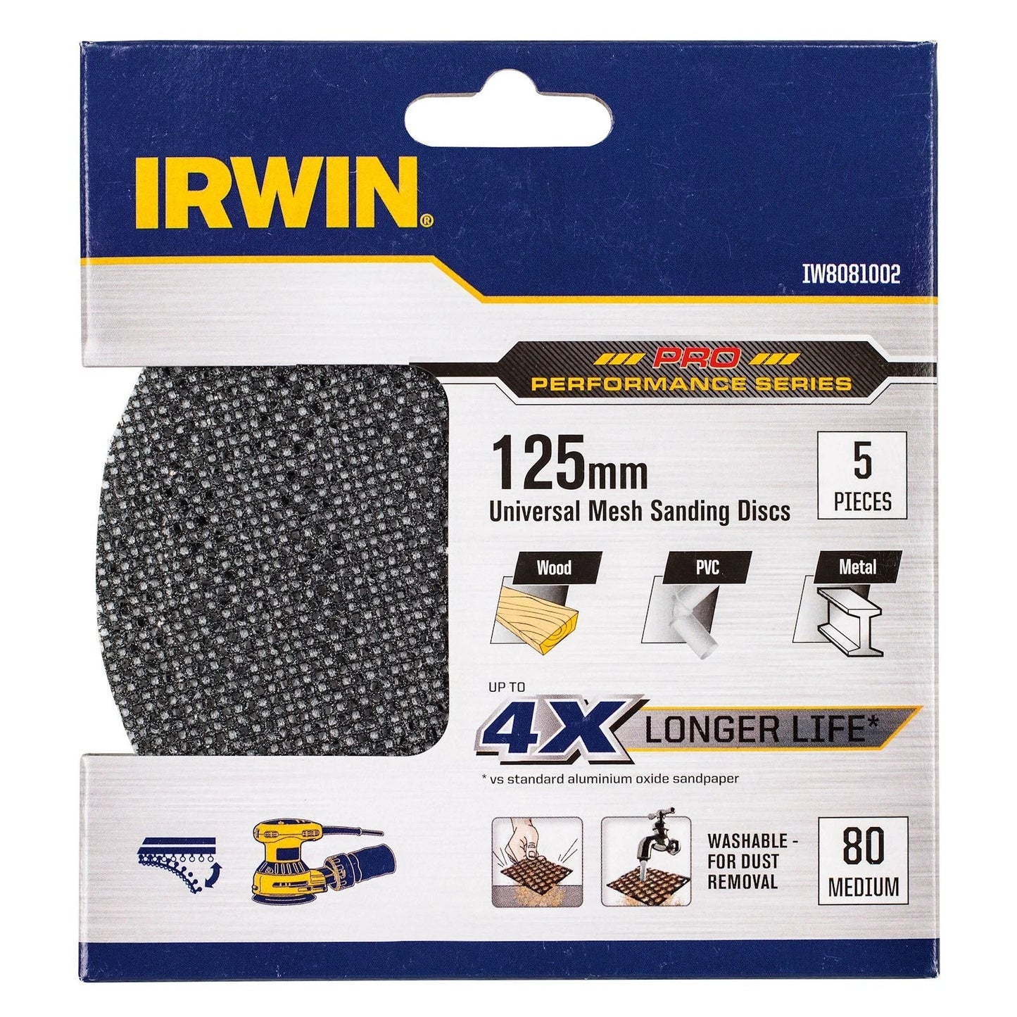 Irwin 125mm 80 Grit Orbital Sanding Discs - 5 Pack, Long-Lasting, Washable, Universal Fit