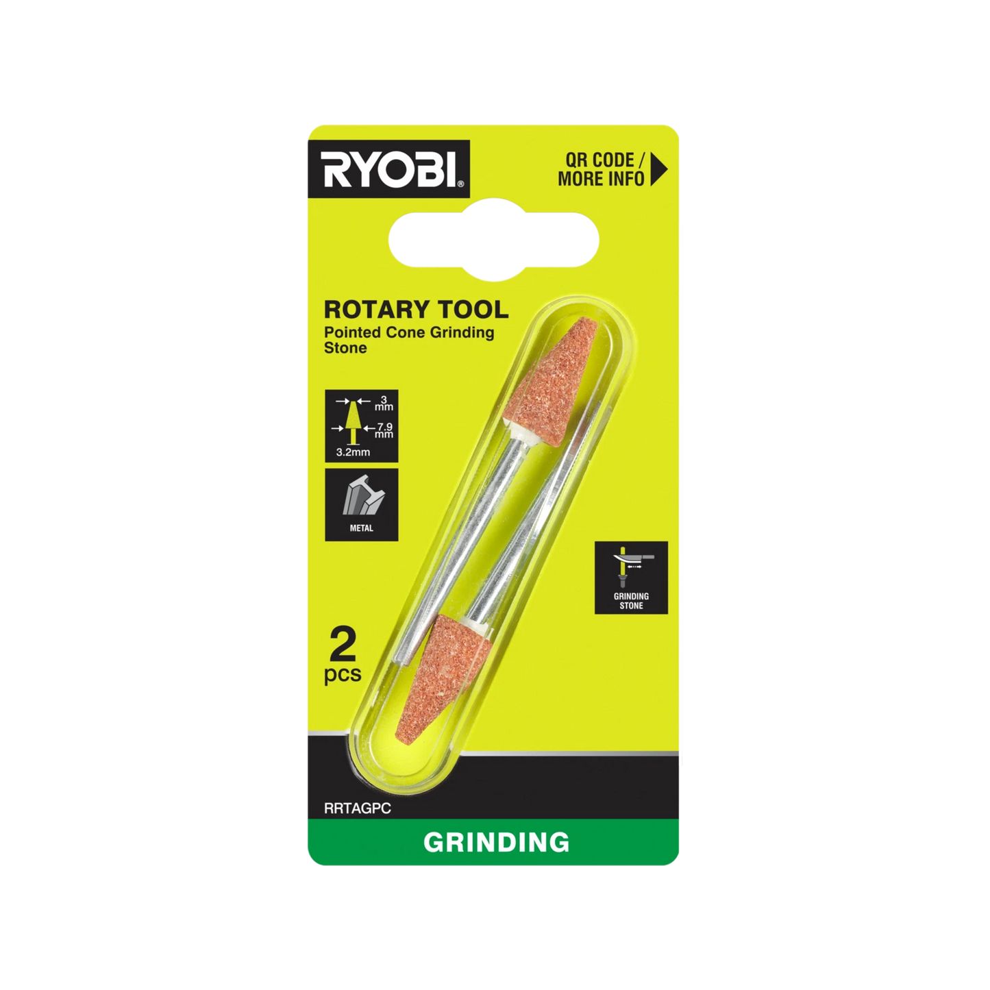 Ryobi 7.9mm Rotary Grinding Stone, Pointed-Cone, Aluminium Oxide, 3.2mm Shank, 35,000 RPM