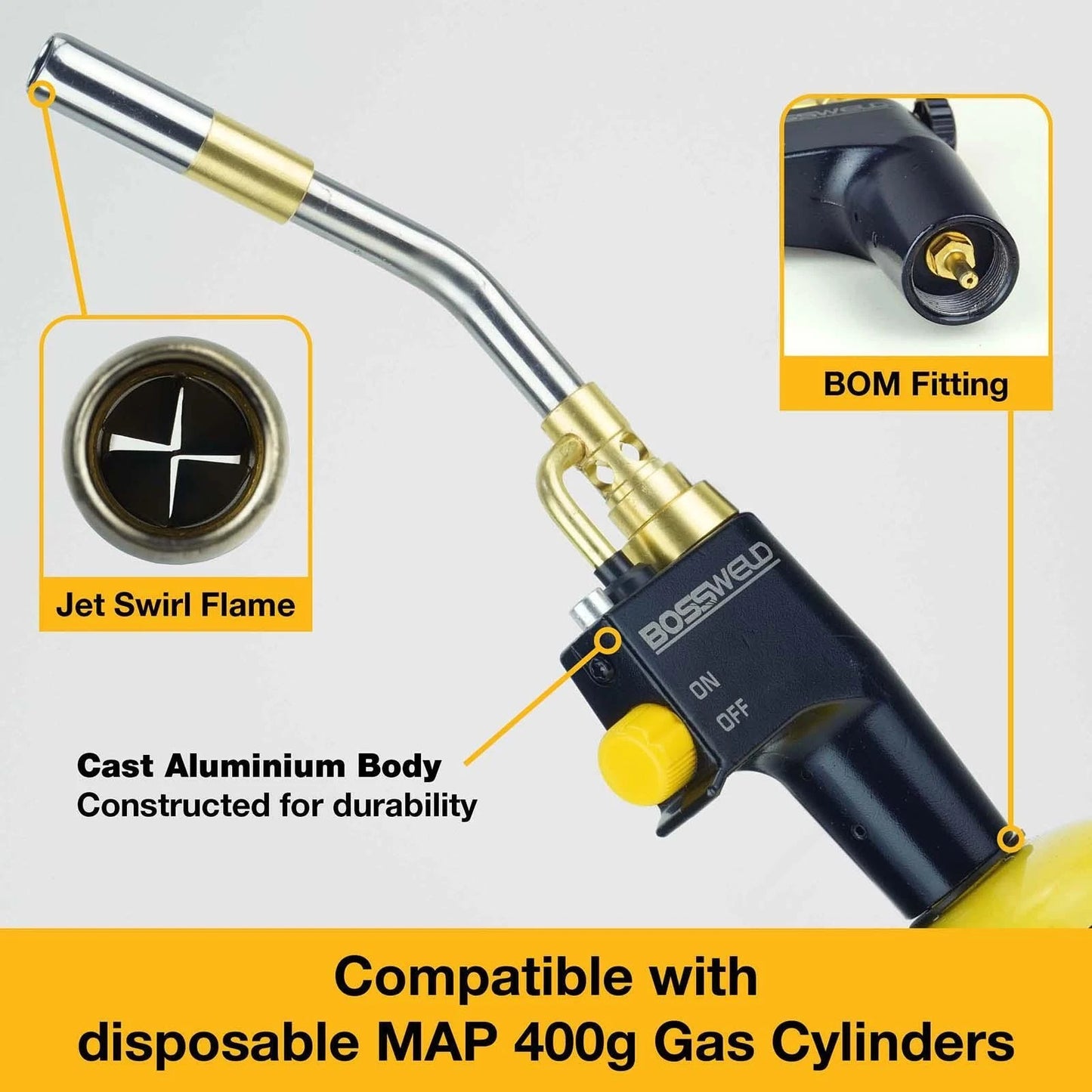 Bossweld Map Pro-Torch, High Intensity Jet Swirl Flame, Instant Ignitor, Durable Aluminium Body