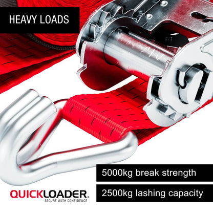 Quickloader 10m Ratchet Strap Tie Down 2500kg Lashing Capacity with Steel J-Hooks