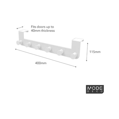 MODE 6 White Over Door Hook Hanger, Metal, 6 Hooks, No Permanent Fixing