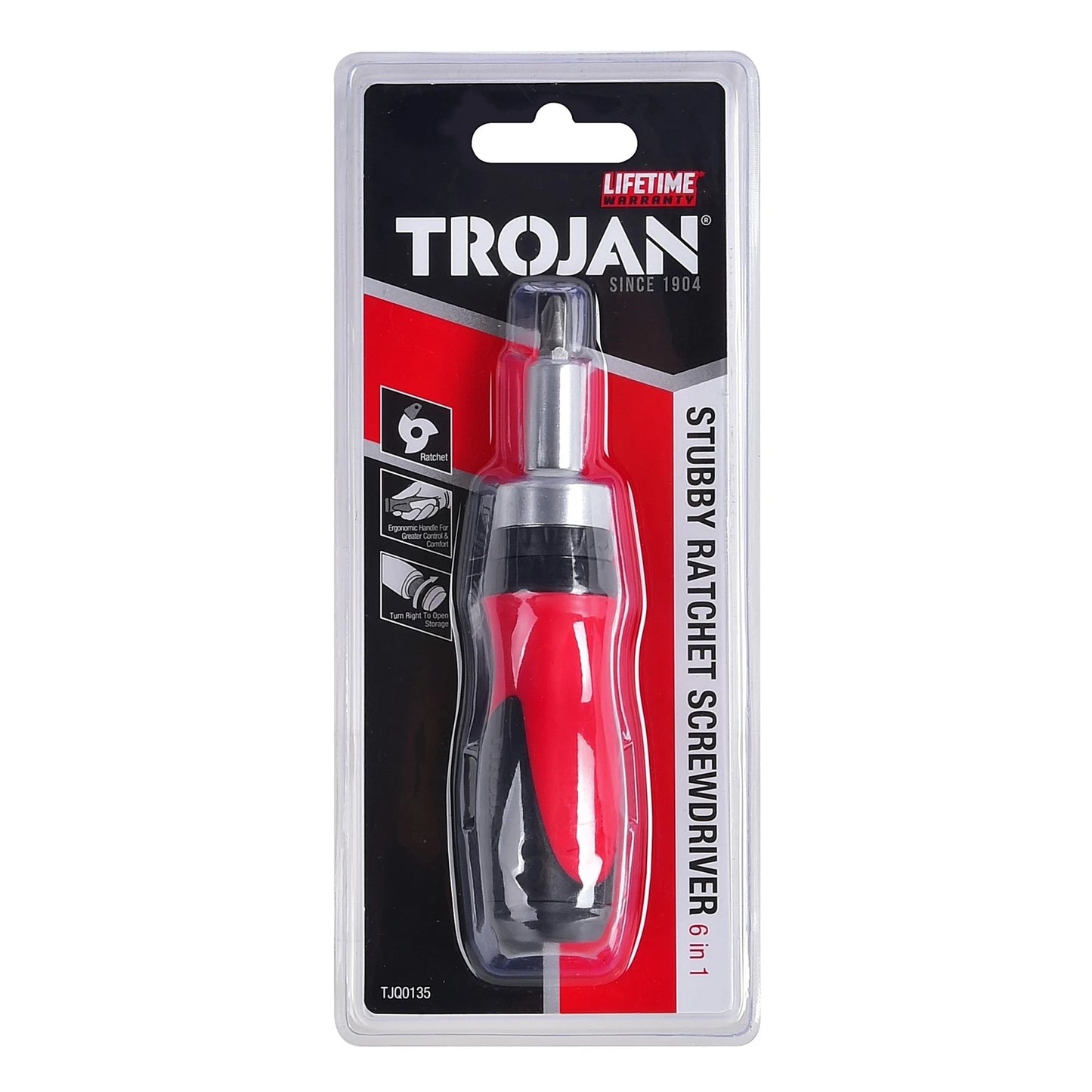 Trojan 6 in 1 Ratchet Screwdriver Stubby, CR-V Bits, Ergonomic Handle, Lifetime Warranty