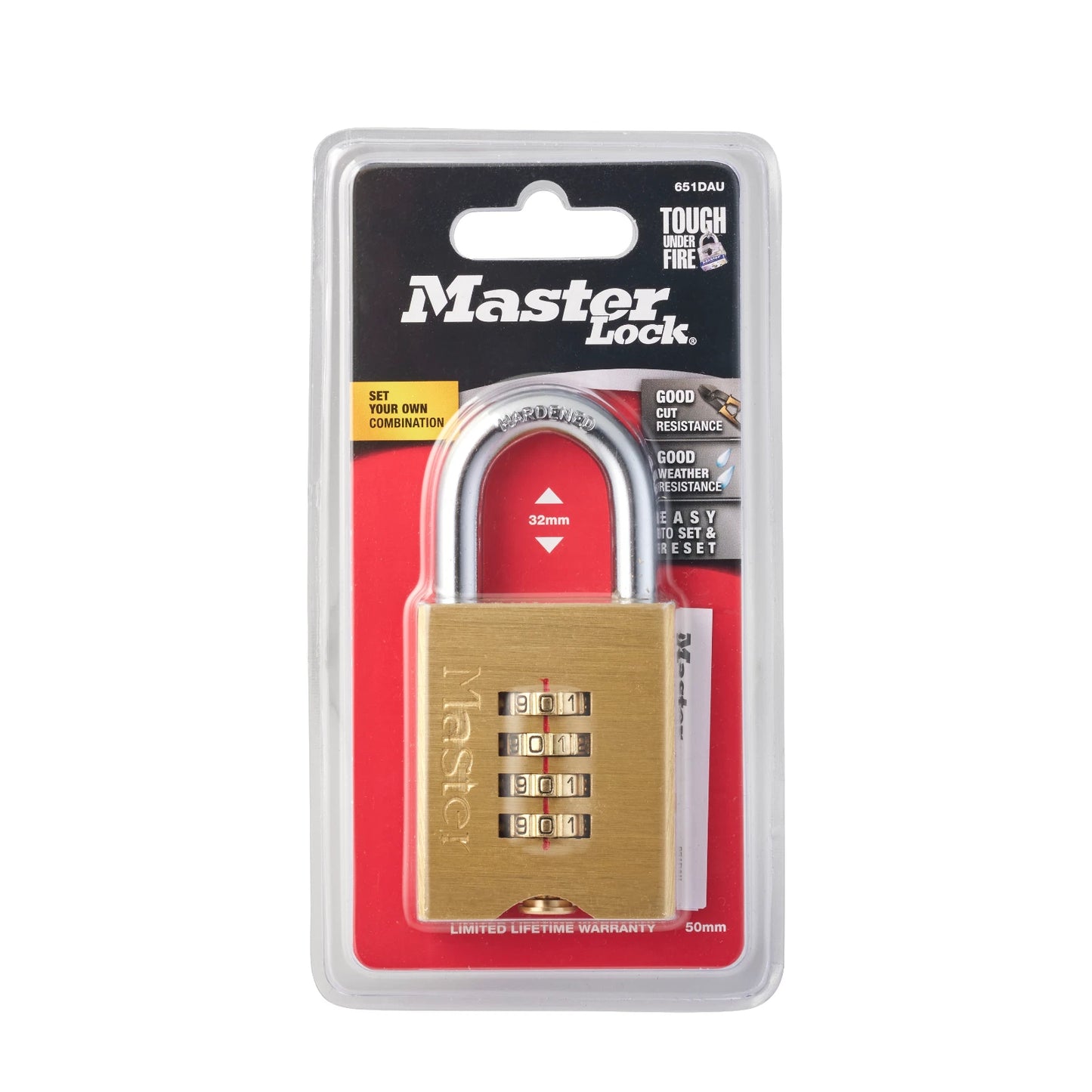 Master Lock 50mm Brass Resettable Combination Padlock, 4-Digit, Hardened Steel Shackle