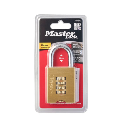 Master Lock 50mm Brass Resettable Combination Padlock, 4-Digit, Hardened Steel Shackle