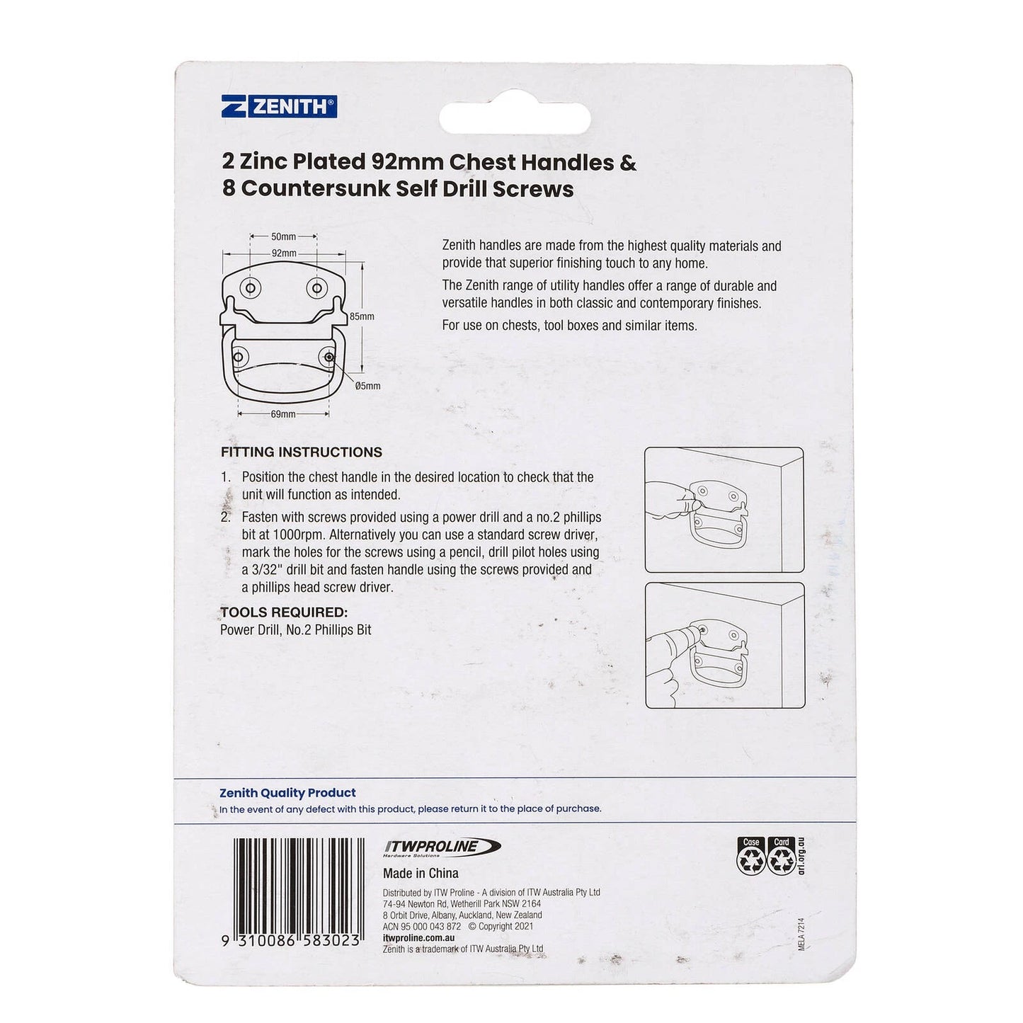 Zenith 92mm Zinc Plated Chest Handle 2 Pack - Corrosion Resistant, Easy Install