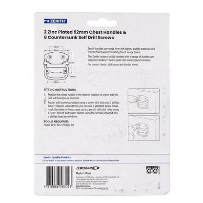 Zenith 92mm Zinc Plated Chest Handle 2 Pack - Corrosion Resistant, Easy Install