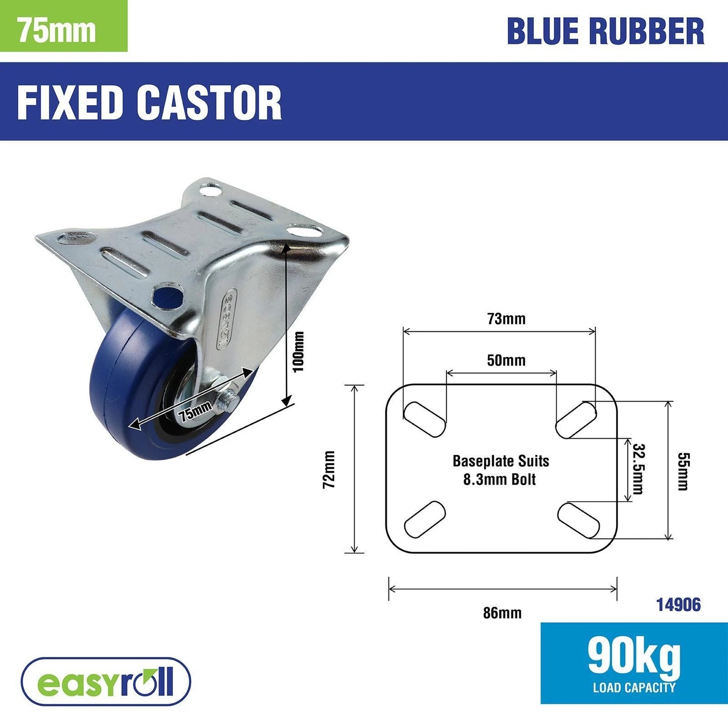Easyroll 75mm Blue Rubber Fixed Castor, 90kg Load, Non-Marking, Indoor/Outdoor Use