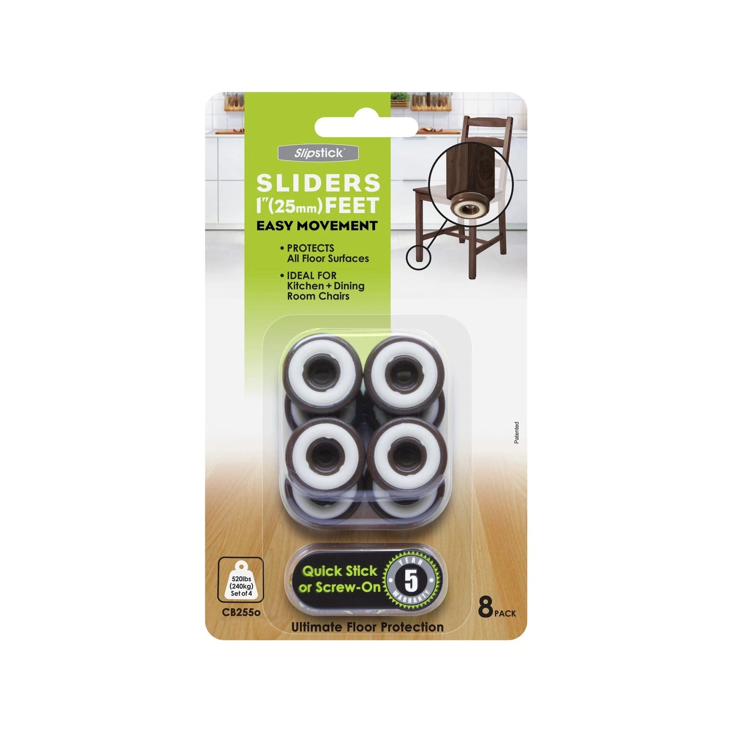 Slipstick 25mm Chocolate Sliders Floor Protection Feet, 8 Pack, for Chairs, 5-Year Warranty