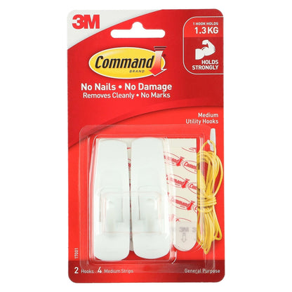 Command Medium White Adhesive Hooks 2 Pack, Damage-Free, 1.3kg Capacity, Reusable