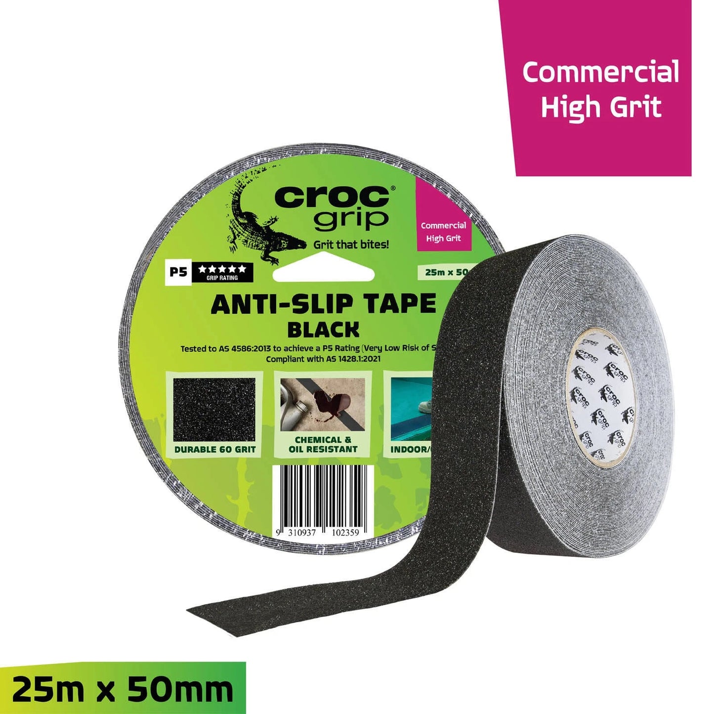 Croc Grip Black Anti-Slip Tape 25m x 50mm, P5 Rated, Indoor/Outdoor, Chemical & Water Resistant