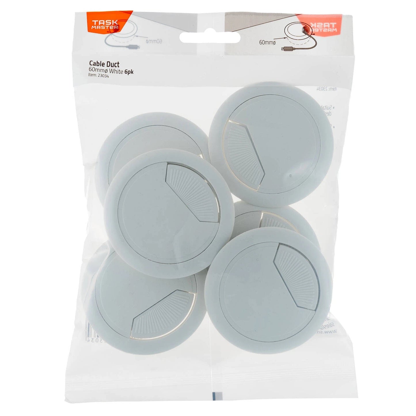 Taskmaster 60mm White Cable Duct - 6 Pcs, Easy Install, Desktop Cable Management