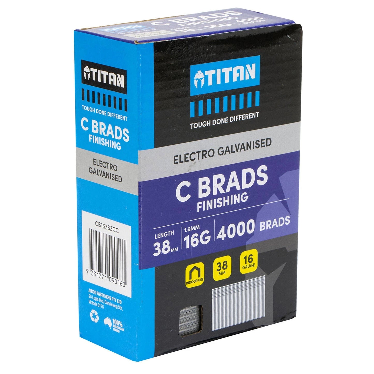 Titan 38x1.6mm Electro Galvanised Straight C Brads Nails - Pack of 4000