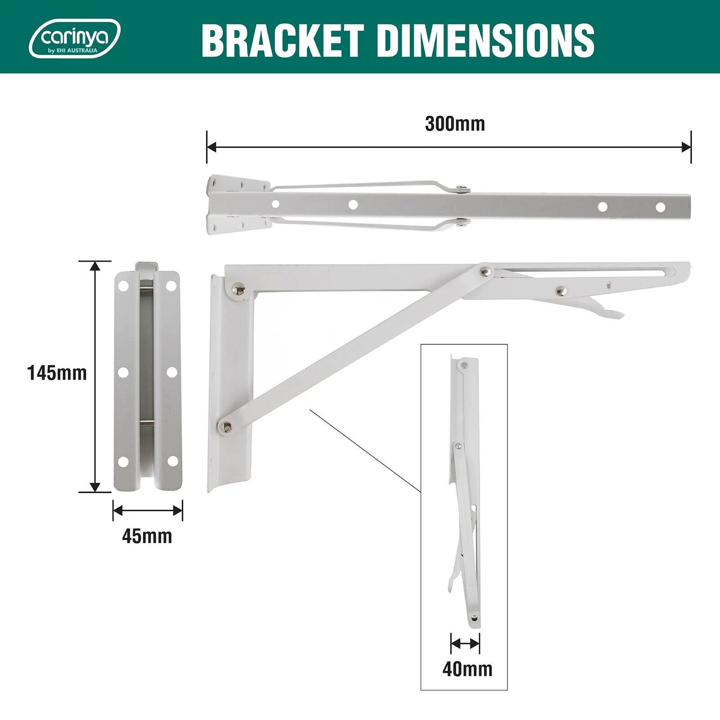 Carinya White Folding Spring Loaded Bracket 300x145mm, 50kg Load, Indoor/Outdoor Use