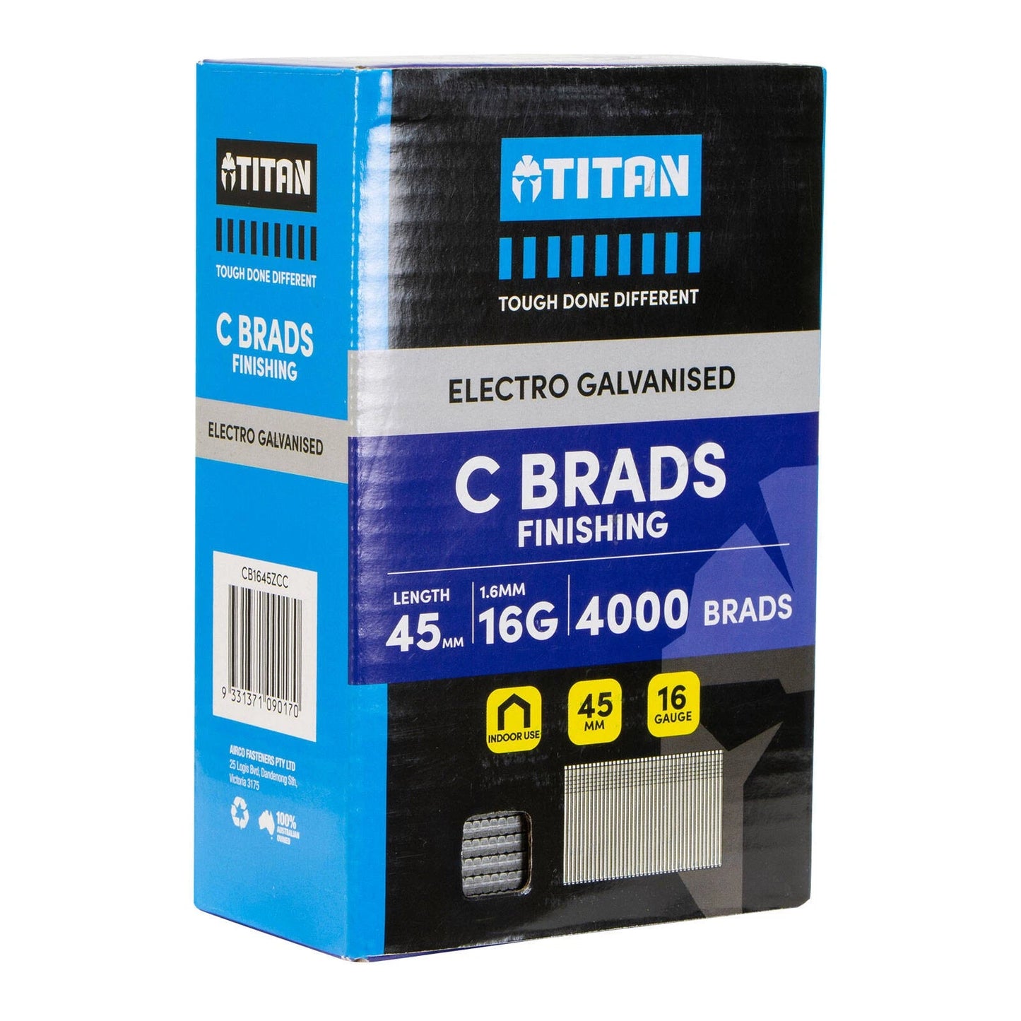 Titan 45x1.6mm Electro Galvanised Straight Collated Nail C Brads, 4000 Pack, Corrosion Resistant