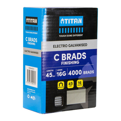 Titan 45x1.6mm Electro Galvanised Straight Collated Nail C Brads, 4000 Pack, Corrosion Resistant