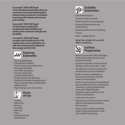 Crommelin 4L One Coat Rapid Under-Tile Waterproofing Membrane, Flexible, Durable, Grey