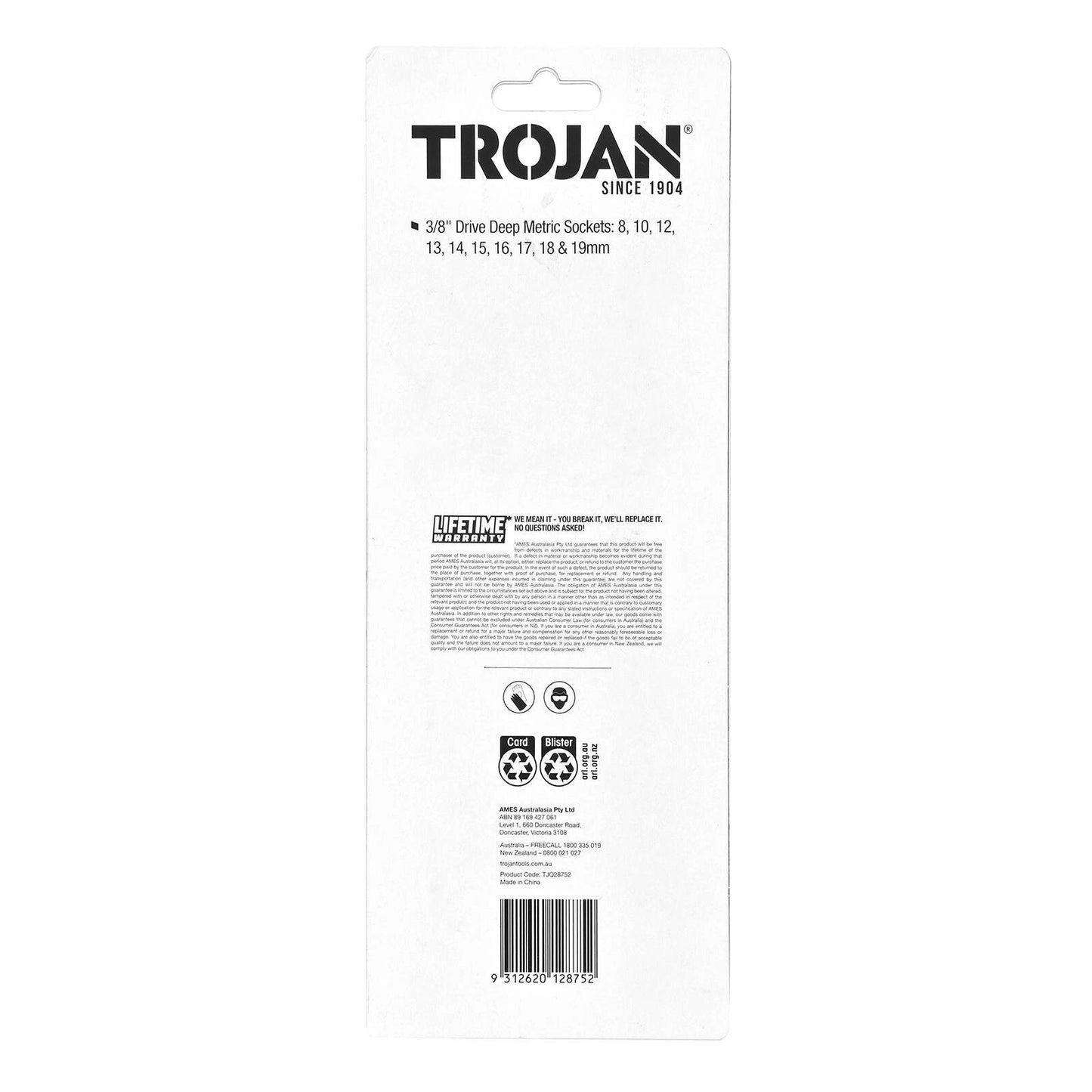 Trojan 10 Piece Deep 3/8" Drive Socket Set with Chrome Vanadium & Lifetime Warranty