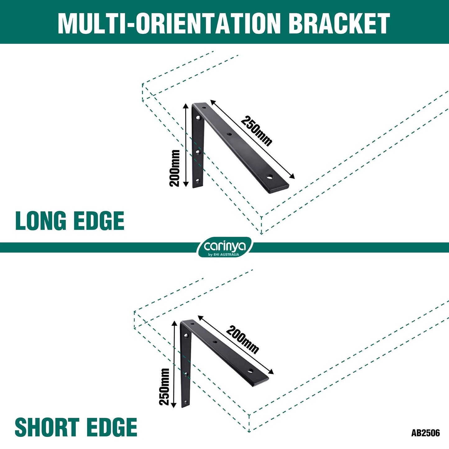 Carinya Heavy-Duty Black Angle Bracket 250x200mm, Stainless Steel, Indoor/Outdoor Use