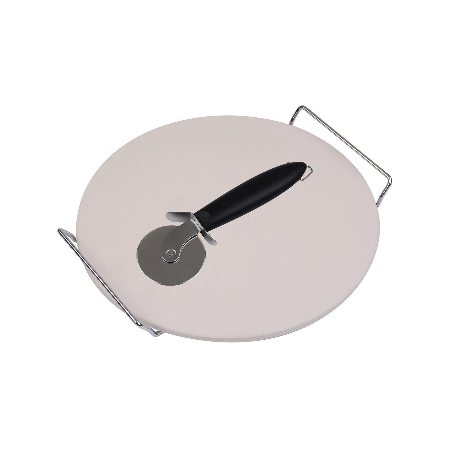 BBQ Pizza Stone Set - 33cm Ceramic Stone, Chrome Stand, Stainless Steel Wheel