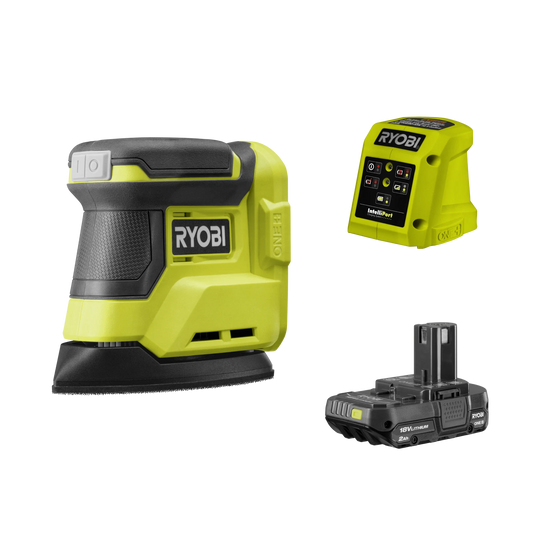 RYOBI 18V ONE+ Palm Sander Kit, Compact Design, 2.0Ah Battery, Dust Management