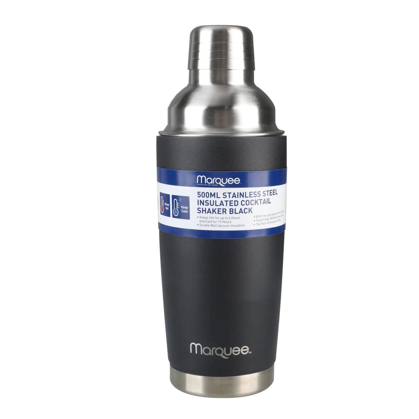 Marquee 500ml Black Stainless Steel Insulated Cocktail Shaker - Leak-Proof, Easy to Clean