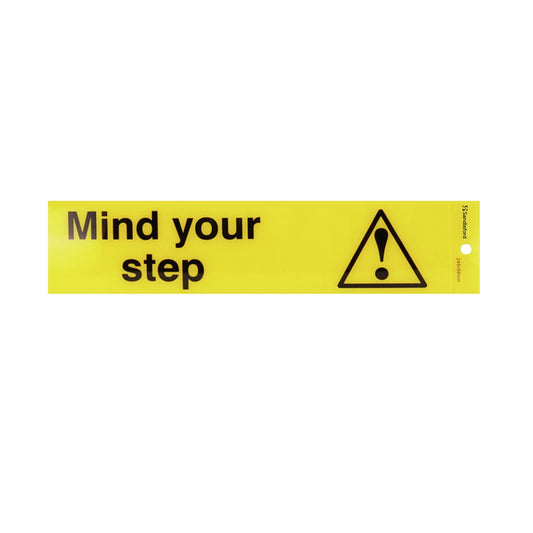 Sandleford Silver Self Adhesive Mind Your Step Sign 245x58mm Weather Resistant