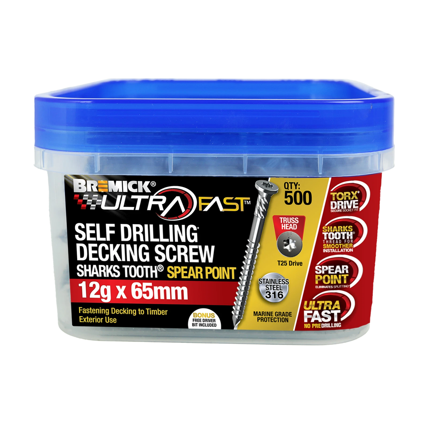 Bremick Ultrafast 12g x 65mm SS 316 T25 Truss Head Screws - 500 Pack