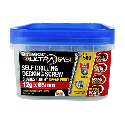 Bremick Ultrafast 12g x 65mm SS 316 T25 Truss Head Screws - 500 Pack