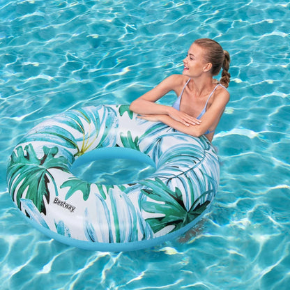 H2OGO! 119cm Blue Tropical Inflatable Palms Swim Ring - Durable, Easy to Inflate, Eye-Catching Design