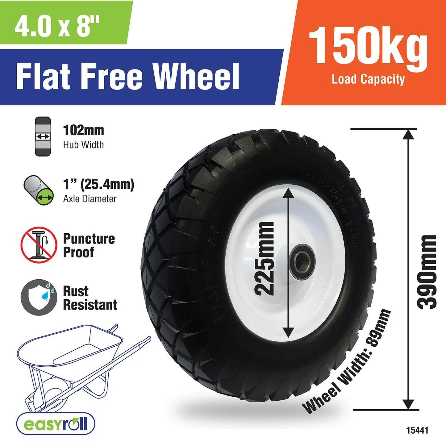 Easyroll 4.0 x 8" Flat Free Wheelbarrow Wheel, Puncture Proof, 100kg Load Capacity