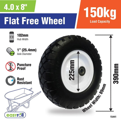 Easyroll 4.0 x 8" Flat Free Wheelbarrow Wheel, Puncture Proof, 100kg Load Capacity