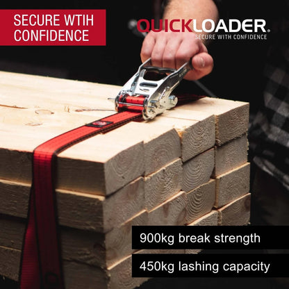 Quickloader Hybrid Ratchet Tie Down Strap 5m 900kg with Magnetic Locking & Steel J-Hooks