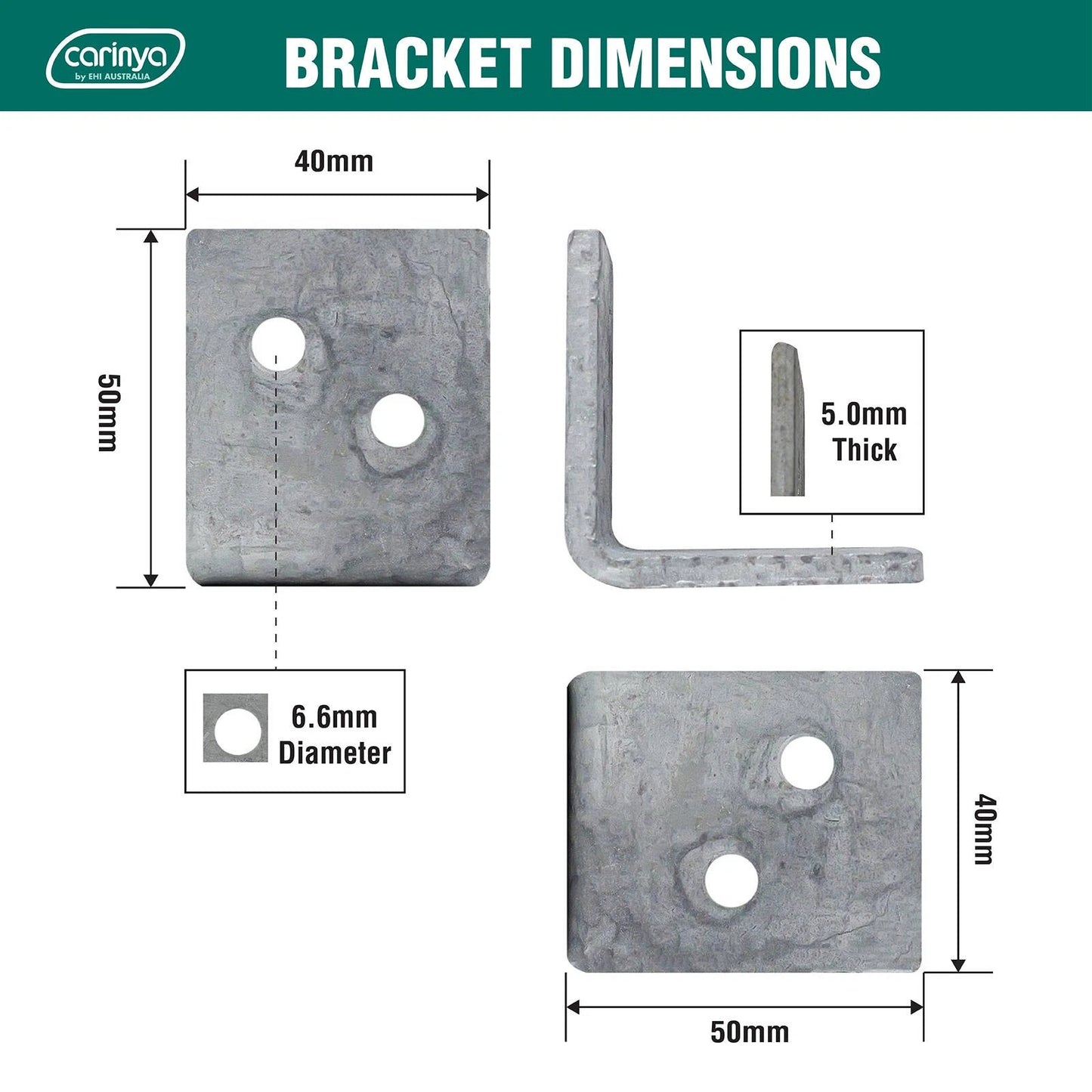 Carinya Galvanised Steel Reinforcing Angle Bracket 50x50x40x5mm for Indoor/Outdoor Use