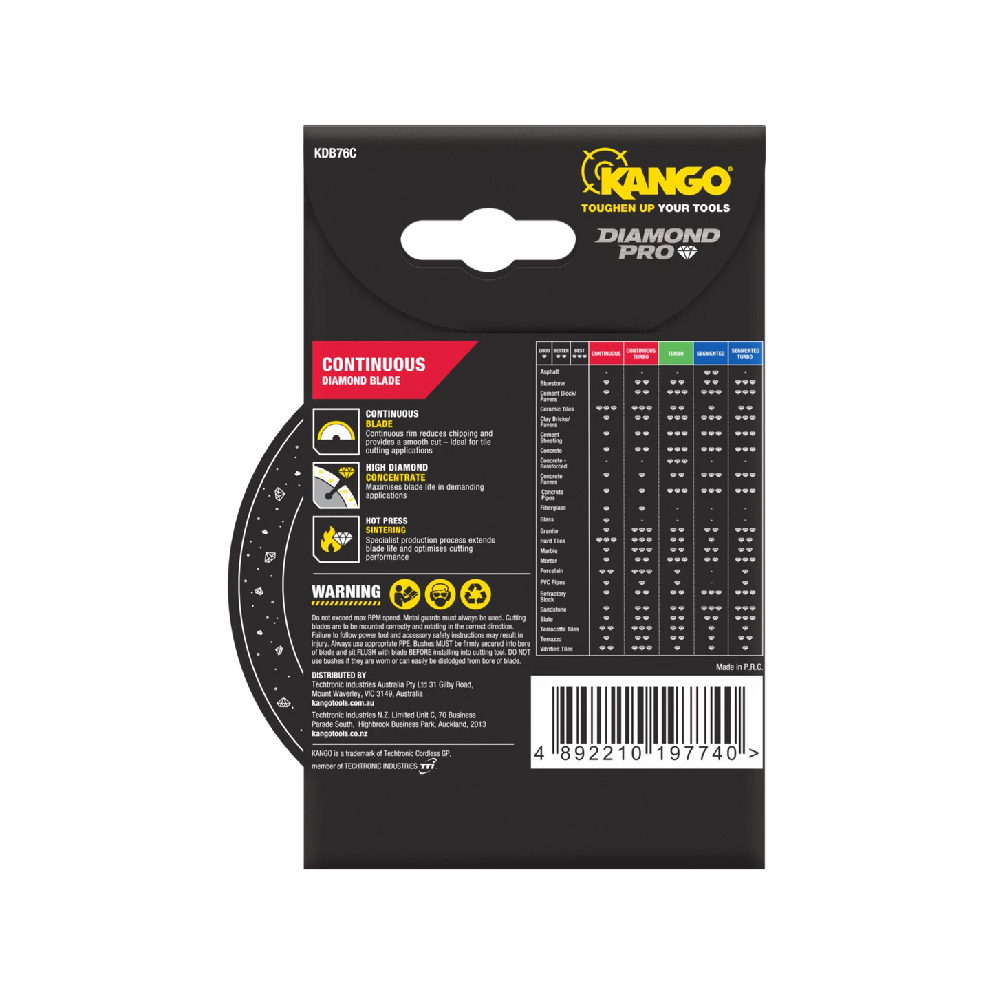 Kango 76mm Continuous Diamond Blade for Tile Cutting - Smooth, Durable, Wet/Dry Use