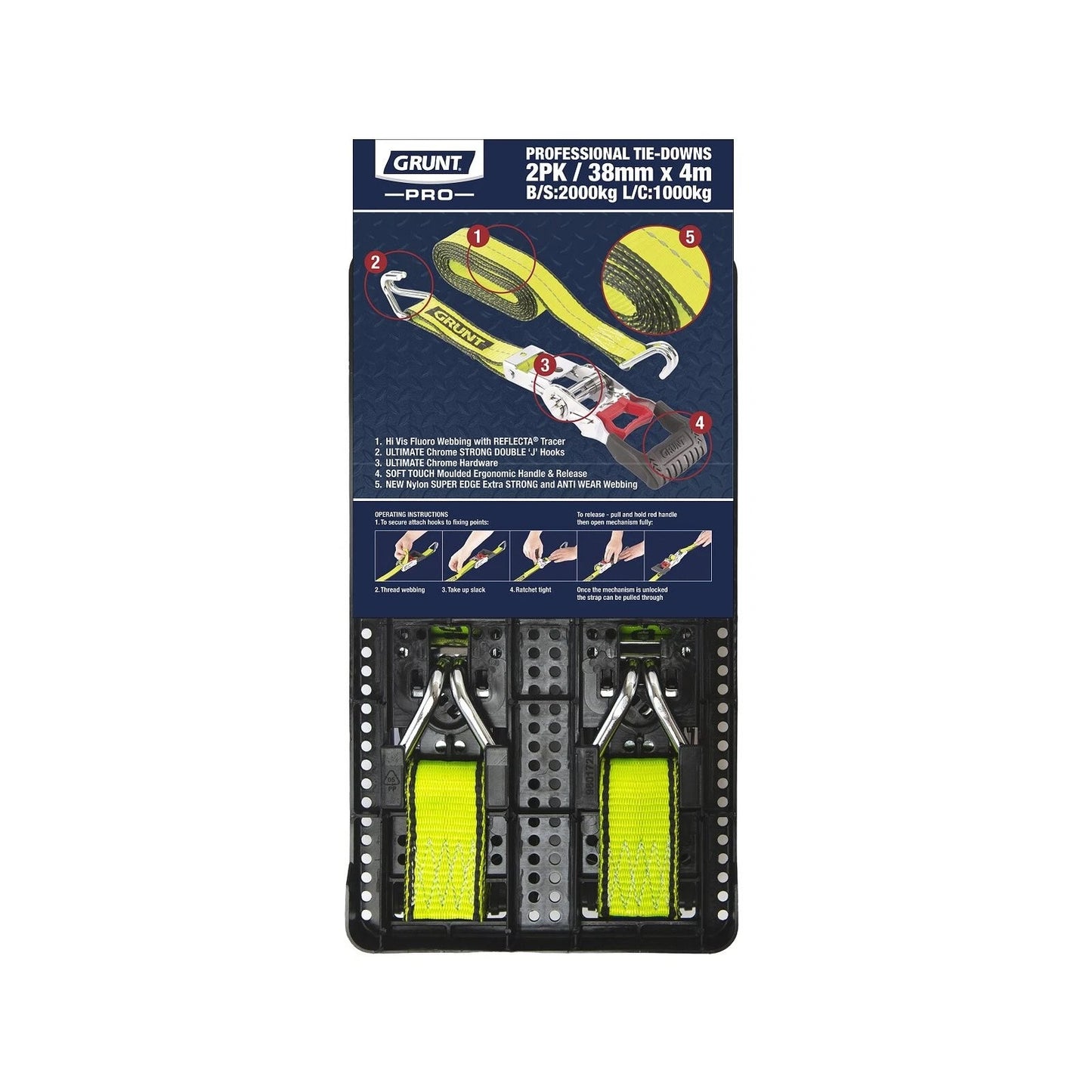 Grunt Pro 38mm x 4m Reflecta Ratchet Tie Down 2 Pack - Durable & Safe Load Securing