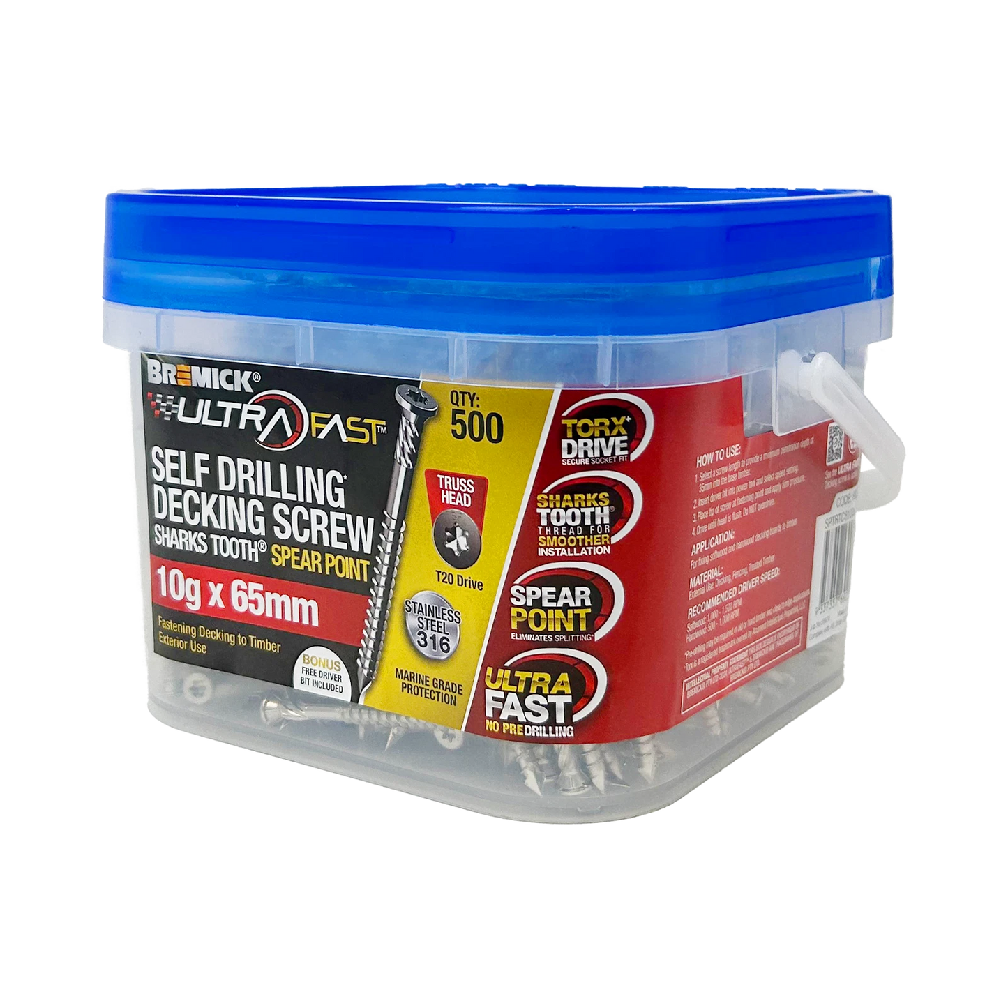 Bremick Ultrafast 10g x 65mm Stainless Steel 316 T20 Truss Head Screws - 500 Pack