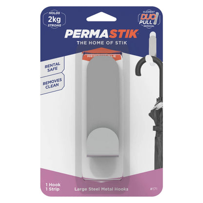Permastik Large Steel Metal Hook, Stainless Steel, 2kg Support, Self-Adhesive, Easy Install