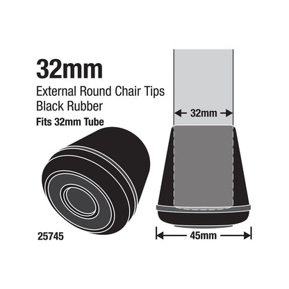 Surface Gard 32mm Black Rubber Chair Tips 4 Pack - Non-Skid, Floor Protection, Noise Reduction