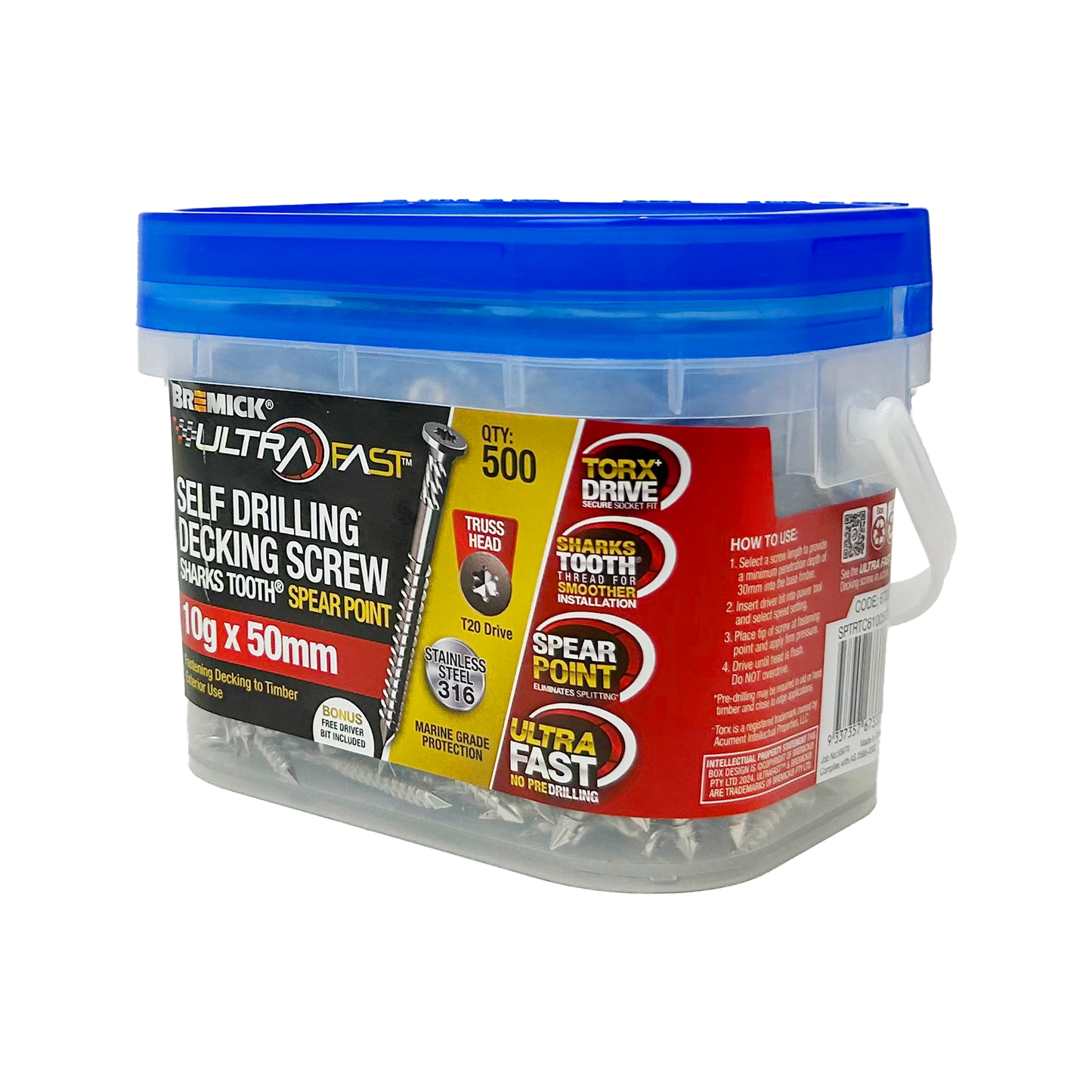 Bremick Ultrafast 10g x 50mm Stainless Steel 316 T20 Truss Head Screws - 500 Pack