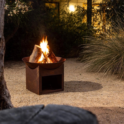 Glow Tambo Weathering Steel Fire Pit with Log Storage for Outdoor Use
