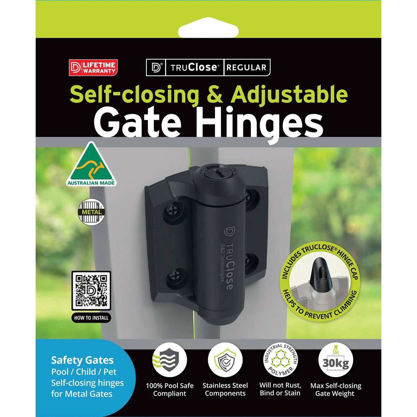 TruClose® Self-Closing Pool Gate Hinges, Adjustable, Rust-Proof, Black, Australian Made