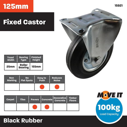 Move It 125mm 100kg Black Rubber Fixed Plate Castor for Industrial Use